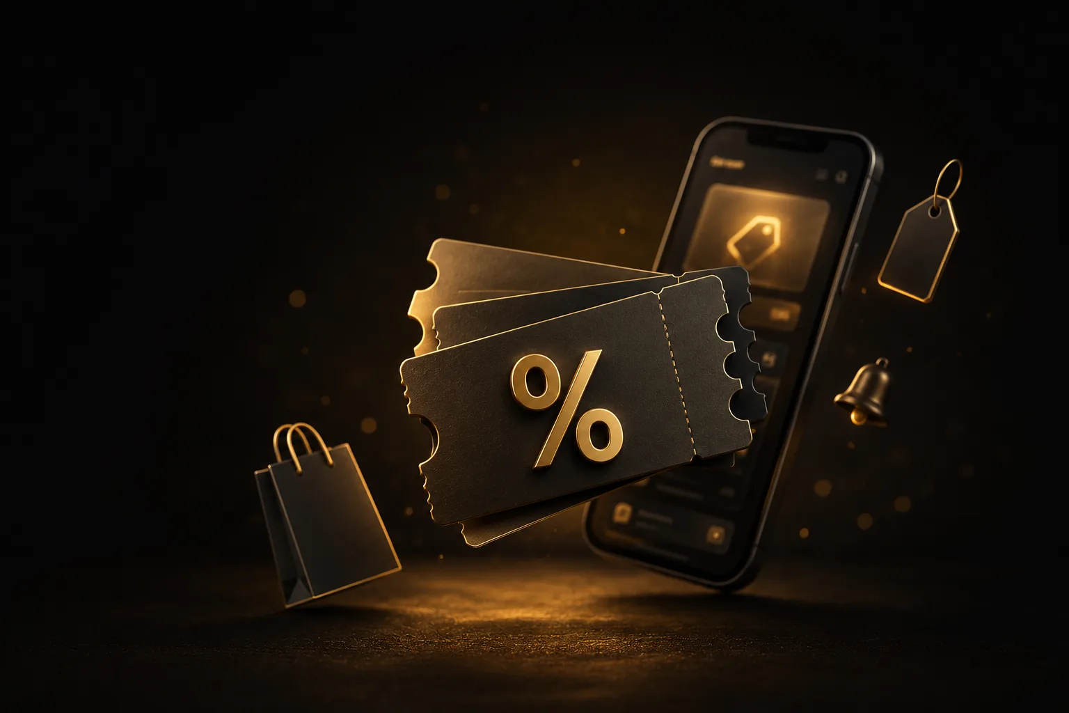 Cupons de desconto dourados e celular representando um grupo de cupom no WhatsApp e Telegram