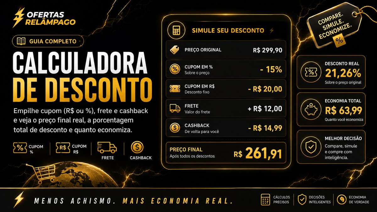 Calculadora de desconto — preço final com cupom, frete e cashback