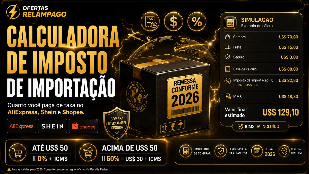 Calculadora de imposto de importação — AliExpress, Shein e Shopee